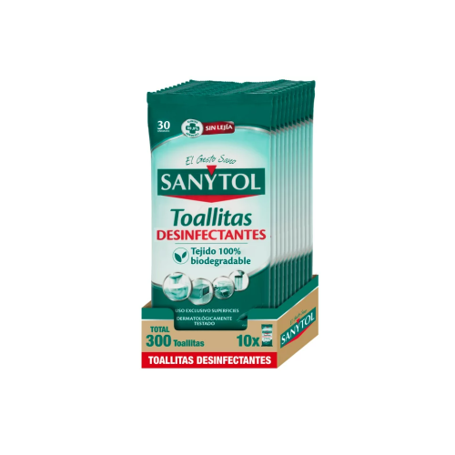 SANYTOL SIN LEJIA TOALLITAS DESINFECTANTES c/10 DESATASCADORES Y LIM.BAÑO